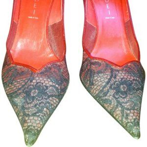 Casadei Red and Black Lace Pumps Size: US 8